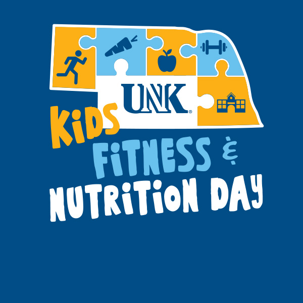 Nebraska outline with fitness and activity icons and the text UNK Kids Fitness and Nutrition Day