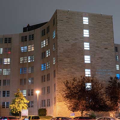 a nighttime exterior shot of the CTE dorm building