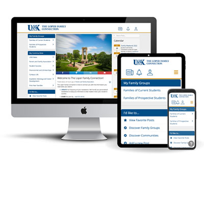 a computer, tablet, and smartphone showing the Loper Family Connection UI